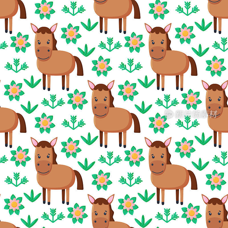 Seamless pattern with stylized horses and flowers. Vector background cartoon with horses. Vector illustration
